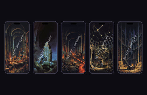 Five fantasy craft wallpapers shown on phone screens: alchemist, runemaker, blacksmith, astronomer and cartographer