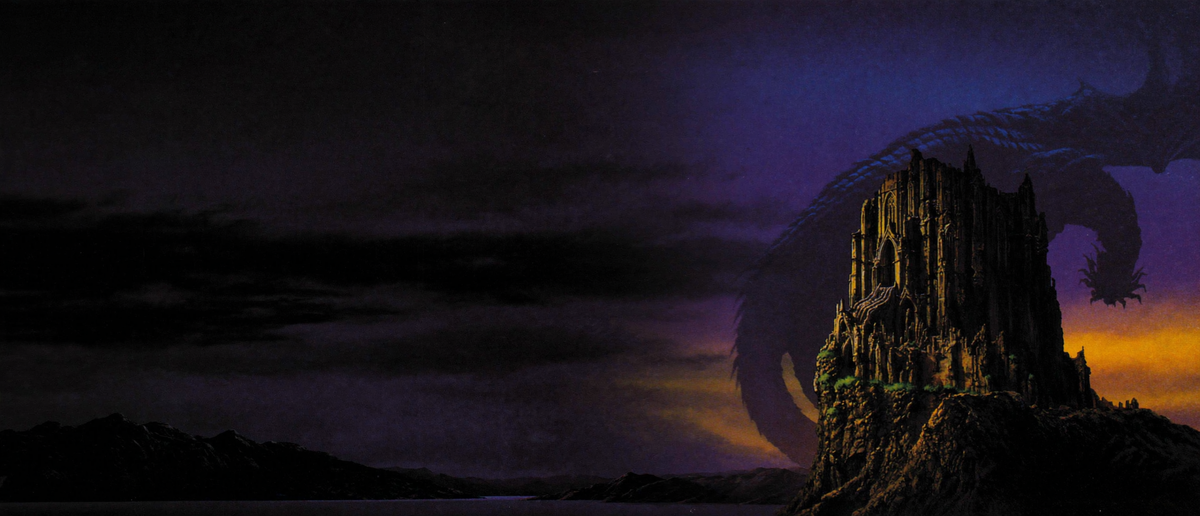Retro fantasy illustration of a castle valley with dragon eggs