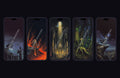 Five fantasy party wallpapers shown on phone screens: rogue, dwarf berserker, paladin, elf archer and arcane mage