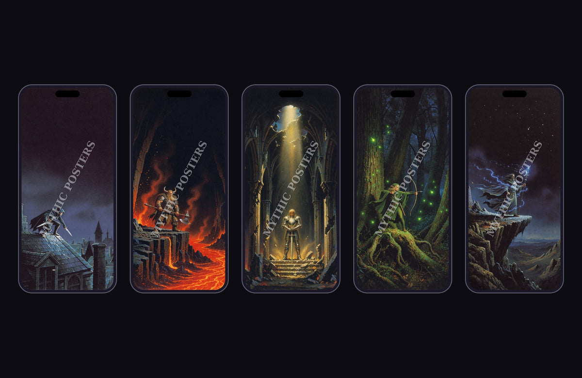 Five fantasy party wallpapers shown on phone screens: rogue, dwarf berserker, paladin, elf archer and arcane mage