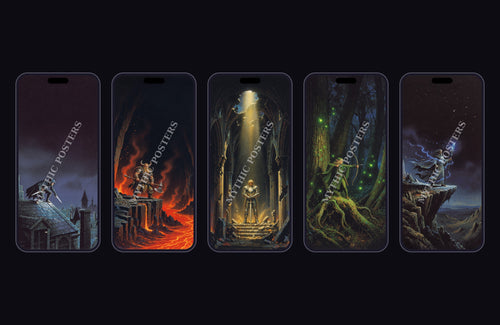 Five fantasy party wallpapers shown on phone screens: rogue, dwarf berserker, paladin, elf archer and arcane mage
