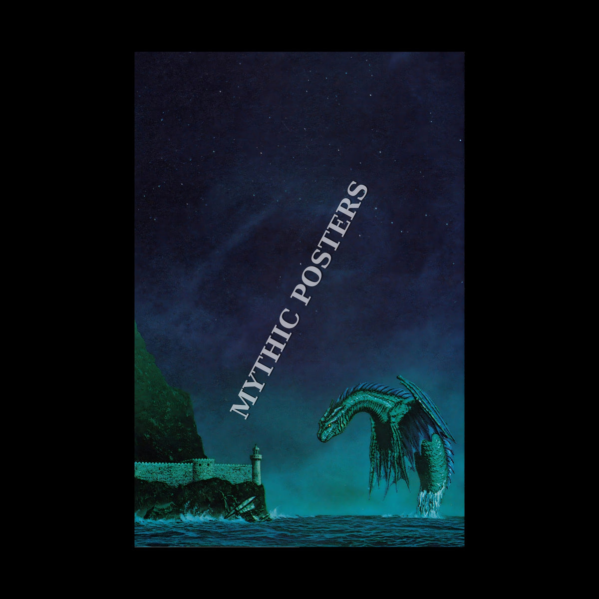 Retro fantasy illustration of a sea dragon rising from dark water beside a lighthouse fortress